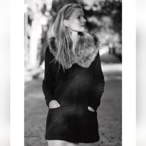 MOTH for Anthropologie heathered slate Wool sweater jacket cardigan fur collar